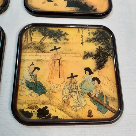 Set of 4 Korean Folk Art Square Coasters Cork Backing 4 inches - Picture 6 of 9